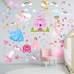 124 Pieces Princess Unicorn Wall Stickers Castle Fairy Rainbow Wall Decals Removable Princess Stickers Princess Party Decorations for Girls Bedroom Children Baby Nursery Playroom Wall Decor