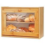 Bamboo Bread Box Countertop Bread Bin 2-Layer Dry Food Container Kitchen Storage Crock Tin Keeper with Drop Down Front Acrylic Window Pastries Loaf Storage Shelf Self-Assembly for Jam Dry Food Fruits