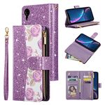 UEEBAI Wallet Case for iPhone XR, Glitter PU Leather Magnetic Handbag Zipper Pocket Case Kickstand Card Holder Slots Wrist Strap TPU Shockproof Flip Cover - Bling Purple