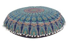 Trade Star Large Round Mandala Floor Cushions, Decorative Elephant Throw Pillowcases 32", Boho Outdoor Cushion Cover, Indian Pouf Ottoman, Pom Pom Roundie Pillow Sham (Pattern 2)