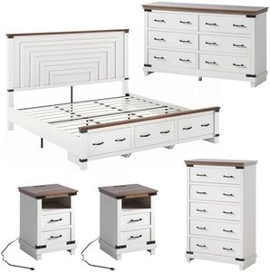 AMERLIFE 5-Piece Farmhouse Bedroom Set, Rustic Wood King Bed Frame with 51" Tall Headboard, 6-Drawer Dresser, 5-Drawer Tall Chest, Nightstands Set of 2 with Charging Station, White