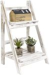 MyGift 2 Tier Rustic Wooden Display Shelf, Whitewashed Wood Freestanding Foldable Indoor Plant Stand, Decorative Shelves