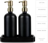 Emerson Soap Dispenser, Soap Dispenser for Kitchen Sink, Hand Soap Dispenser Bathroom | Kitchen Dish Soap Dispenser Set, Glass Hand Soap and Lotion Set for Bathroom, 16 Oz with Stone Tray, Set of 2