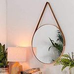 CasaGold 16 Inch Rosegold Round Leather Hanging Mirror with Adjustable Leather Strap & Matching Wall Hook for Wall Decor l Living Room l Bedroom l Wash Basin l Bathroom