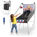 GYMAX Basketball Arcade Game, Foldable Basketball Game with 8 Game Modes, Voice Prompt, Double Hoops and Scorer, Indoor Outdoor Basketball Hoop Game for Kids Adult (Black+Blue Stripe)