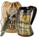 Viking Culture Ox Horn Mug, and Bottle Opener (2 Pc. Set) Authentic 16-oz. Ale, Mead, and Beer Tankard | Vintage Stein with Handle | Custom Intricate Design - Natural Finish