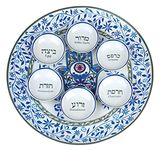 Aviv Judaica Artistic Floral Hamsa Passover Seder Plate 13.5" Ceramic Sader Dish with 6 Mini Plates for Symbolic Seder Foods Stunning Round Pessah Tray Chamsa Pesach Decor Plates