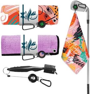 Amy Sport Golf Towels for Golf Bags for Women Men Value 2 Pack with 3 Strong Magnetic Retractable Carabiner and Black Brush, 16''X16'' Microfiber Waffle Pattern Towel Absorbent Set (Orange&Purple)
