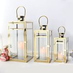 TRIROCKS Set of 3 Stainless Steel Candle Lantern 19'' High Metal Candle Holder withTempered Glass for Christmas Home Decor Living Room Parties Christmas Tabletop Indoors Outdoors (Gold)