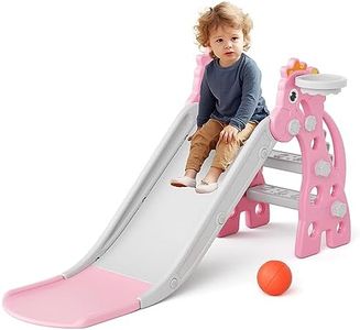 GLAF Toddler Slide Indoor for Toddlers 1-3 Baby Slide Outdoor Playset with Basketball Hoop and Ball Plastic Foldable Slides for Kids Backyard Climber Set (Pink)