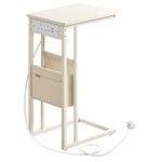 VASAGLE Side Table, Bedside Table with Charging Station, C-Shaped End Table for Small Spaces, 2 USB Ports and Outlets, Storage Bag, Adjustable Feet, for Bedroom, Living Room, Cream White LET356W03