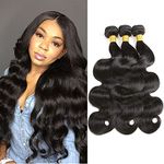 Brazilian Virgin Body Wave Human Hair Bundles 100% Unprocessed Body Wave Human Hair 3 Bundles Natural Black Color (12 14 16Inch, 3bundles)