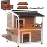 Aivituvin Outdoor Feral Cat House Wooden Kitty Shelter Cat Accessories with Large Balcony and Escape Door, Waterproof (Brown, Large with Heater)