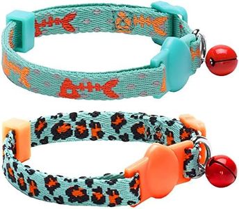 Blueberry Pet Pack of 2 Cat Collars, Hunting Expedition with Fish Bone and Leopard Print Adjustable Breakaway Cat Collar with Bell, Neck 23cm-33cm