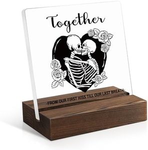 Juoqg Together From Our First Kiss Till Our Last Breath Gothic Acrylic Sign with Wooden Stand, Halloween Gothic Valentines Skeleton Gifts for Women Men Wife Husband, Couples Gifts for Husband Wife