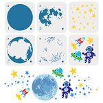 FINGERINSPIRE 6 Pcs Layered Space Theme Stencil 5.9x5.9 inch Moon Earth Painting Template Plastic Astronaut Rocket Spaceship Patterns Stencils Reusable Moon Stars Stencil for Home Floor Wall Decor