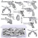 JMKTOOL Gun Charms Collection, 100 Gram Antique Silver Mixed Pistol Gun Weapon Bullet Pendant Charms with a Box for DIY Necklace Bracelet Keychains Jewelry Making Supplies, Plastic, No Gemstone