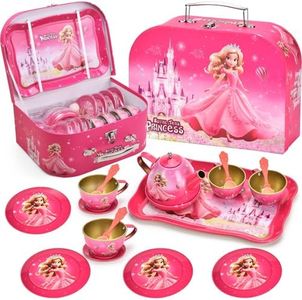 Lajeje 19-Piece Princess Tea Party Set for Girls, Pretend Play Tin Tea Set with Carrying Case, Kids Party Toys for 3-6 Year Olds
