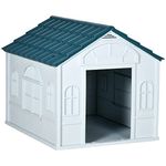 PawHut Plastic Dog House Outdoor Indoor, Weather-Resistant Dog Kennel, with Large Opening, for Large Dogs, 84.2 x 98.2 x 82cm - White and Blue