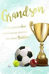 Grandson Happy Birthday Card Sports Trophy Football Cricket & Tennis Ball Design