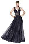 Meier Women's Glitter Tulle Double V-Neck A-Line Prom Formal Gown, Black, 12