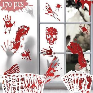 Halloween Decorations 170 PCS Halloween Window Clings, Bloody Handprint Footprint Halloween Wall Decal Floor Clings with Tattoo Stickers, Scary Halloween Decoration Window Stickers