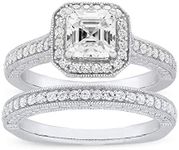 .925 Sterling Silver & Asscher Cut Cubic Zirconia with Halo Cathedral Style Engagement Ring and Half Eternity Style Wedding Band Bridal Set - Size 7