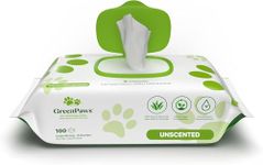 Green Paws Premium Dog Wipes, Compostable, Plant-Based, Strong Grooming Wipes for Cats and Dogs, Use on Body, Bum, Ear and Paws, Unscented (100 Count (Pack of 1))