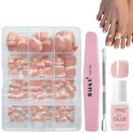 DMQ Press on Nails for Toe, 240Pcs Square False Toenails, French Tip Nude Pink Color Fake Nail with Glue, Glossy Full Cover Glue on Nails for Girls Women Nail Art Manicure Decorations