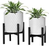 Lynxor Plant Pot with Stand, Set of 2 Modern Flower Pots, Planters for Indoor Plants with Drainage Holes for Flower, Herbs, 10"&12" Planter with Stand for Living Room, Office, Garden, Balcony (White)