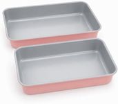 Barlket 9x13 Inch Baking Pan 2 Pack, Heavy Duty Carbon Steel Lasagna Pan, 2.5 Inch Deep Nonstick Rectangular Cake Pans for Brownies, Casserole & Roasting, Pink Exterior with Gray Interior