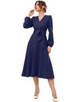 Vivvli Women's Polyester A-line V-Neck Bishop Sleeve Midi Belted Dress (Navy Blue, Medium)