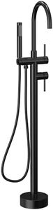 GRANDJOY Matte Black Freestanding Bathtub Faucet with Hand Shower, Single Handle Knurled Design, Round Spout, Solid Brass & 304 Stainless Steel High Flow Tub Filler, Floor Mount