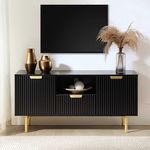 G Fine Furniture Wooden Entertainment TV Unit for Living Room | Floor TV Stand with 2 Door Cabinet, Drawer & Shelf Storage | Solid Wood Sheesham & Iron(Black & Golden)