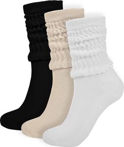 BomKinta Crew Slouch Socks Women Retro Scrunch Short Sock Soft Solid Ankle Socks Gift Size 5-11 3 Pair Black White Cream