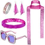 Sasylvia 5 Pcs 70s Disco Accessories Halloween Women Costume Jewelry Sequin Scarf Earrings Sunglasses Bracelet Headband(Rose Red)