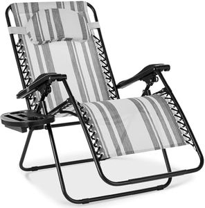 Best Choice Products Oversized Zero Gravity Chair, Folding Outdoor Patio Lounge Recliner w/Cup Holder Accessory Tray, Pillow - Gray Stripes