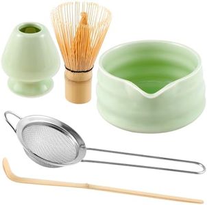 Handcrafted Bamboo Matcha Whisk Set, Ceramic Matcha Bowl with Pouring Spout and Stainless Sifter, Matcha Whisk Holder, Bamboo Scoop Exquisite Matcha Kit for Matcha Tea (Style-02)