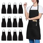 TRENDBOX 12 Pack Bib Aprons Bulk Unisex Black Apron with 2 Front Pockets 32-Inch by 28-Inch with Extra Long Ties for Kitchen Crafting BBQ Drawing