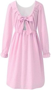 Little Bitty Girls Cotton Blend Plaid School Uniform Dress, Long Sleeve Bow-Knot Backless, Classic Casual Pink-White 8-9Y