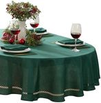 Newbridge Fabric Oval Tablecloth, 60 x 102 Inch, Christmas Provence Lattice Cutwork Solid Color Textured, Water and Stain Resistant Easy Care Fabric Table Cloth, Holiday Evergreen