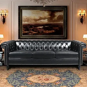 Vaztrlus Chesterfield Sofas for Living Room, Square Arm 3-Seater PU Leather Large Couch Deep Button Nailhead Tufted Black Upholstered Couches for Bedroom, Office Apartment Easy to Assemble