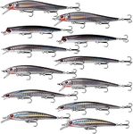 Fishing Diving Lures Life-Like Hard Minnow Crankbait Artificial Bait Plugs Popper Jerkbait with Treble Hooks 3D Eyes Surf Fishing Lures Striper Bass Salmon Saltwater Freshwater (12PCS)