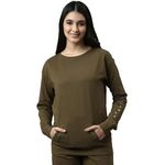 Enamor Essentials Relaxed Fit Full Sleeve Round Neck Cotton Sweatshirt for Womens-E901 (E901_Army Green/Focus Graphic_L)