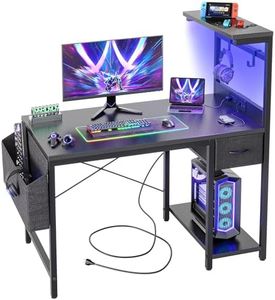 BEXEVUE LED Computer Desk with Power Outlets - 100x50cm Gaming Desk Large Storage Shelf, Reversible Gamer Writing Table with Drawer Side Pocket Bag, 2 Hooks Workstation for Study Play Work Home Office