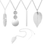 4 Pcs Long Pendant Necklaces for Women Trendy,Boho Style Pendant Necklace Long Sweater Necklaces Set Silver Bar Feather Circle Leaf Lock Tassel Y Necklace Jewelry Set Statement Necklace