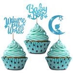 Cobee Baby Shower Cupcake Toppers,24 Pieces Baby Gender Reveal Cupcake Picks Glitter Cake Toppers Baby Birthday Party Cake Decorations Party Supplies (Boy Blue)