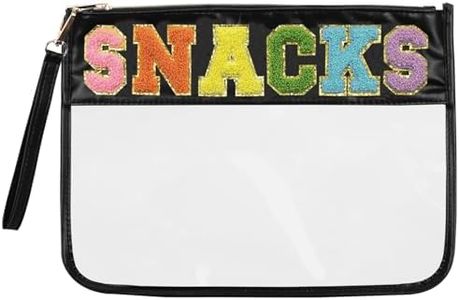 Siwara Snack Pouch Travel Makeup Bag Chenille Letter Clear Snack Bag for Travel Nylon Clear Cosmetic Bag Large Snacks Bags Makeup Travel Bags for Women (Black-Snacks)