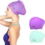 Keary 2 Pack Silicone Swim Cap for Long Hair Women Girls Waterproof Pool Swimming Cap Cover Ears to Keep Your Hair Dry, 3D Ergonomic Stretchable Durable and Anti-Slip, Easy to Put On and Off