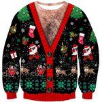 Loveternal Unsiex Women Mens Ugly Christmas Pullover Sweatshirts 3D Print Fake Two Piece Chest Hair Xmas Long Sleeve Round Neck Sweater L